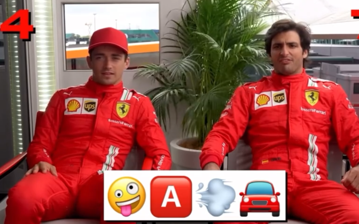 Charles Leclerc and Carlos Sainz guess countries based on emojis.
